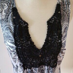 One World Tank Top Large Black White Crochet Stretch Whimisgoth Fairycore